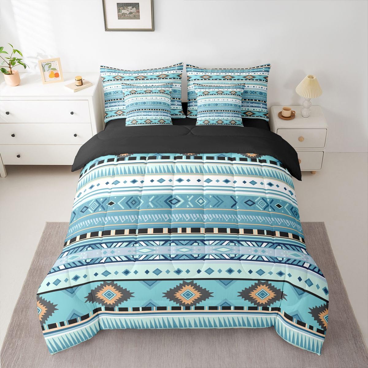 Erosebridal White Blue Aztec Bohemian Full Comforter Set 7 Pieces | Southwestern Farmhouse Bed in A Bag for Bedroom Tribal Cowboy Cowgirl Bedding Set with Comforters Adults Boho Room Decor