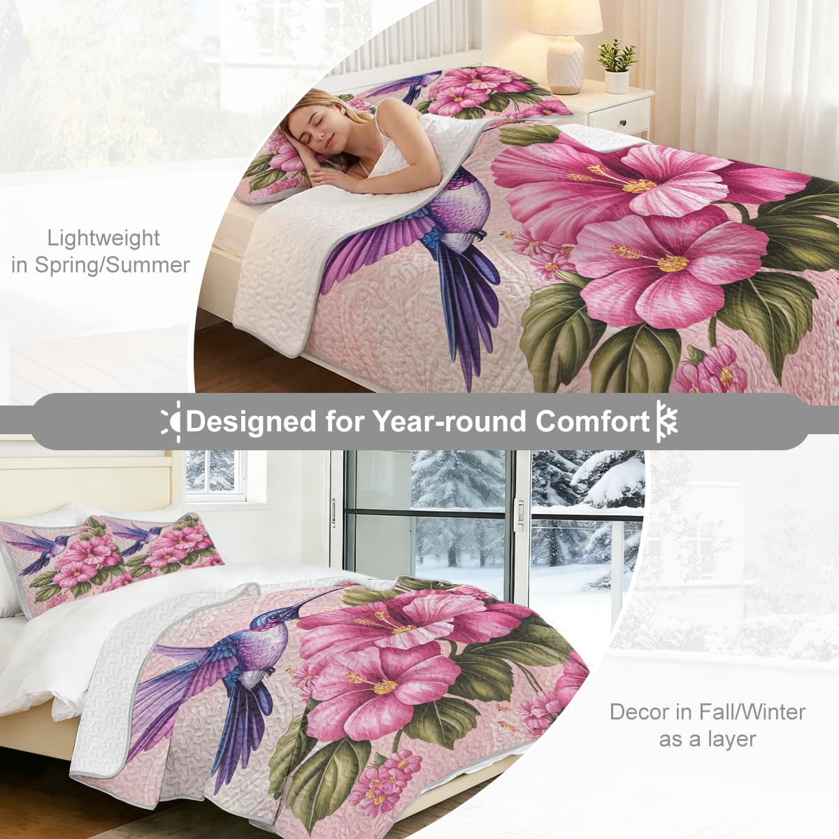 ARIGHTEX Flower Bird Quilt Set Queen Size Pink Hibiscus Hummingbird Floral Bedding Set Lightweight Botanical Quilt Coverlet Soft Microfiber Bedspread Spring Quilt Set with Pillow Shams