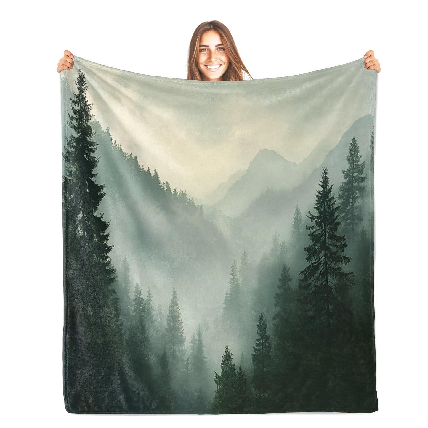 PAOABIU Foggy Forest Blankets, Misty Woodlands Throw Blanket for Couch Bed Sofa, Teal Blankets and Throws - Super Soft Cozy Plush Flannel Blanket Gifts & Decor, 66x90