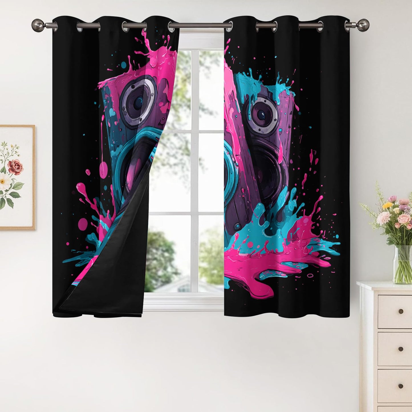TANTANICAL Graffiti Curtains for Living Room 63 Inch, Speaker Abstract Art Pattern Design Blackout Curtains, Graffiti Bedroom Decor Window Drapes with Grommet, 2 Panels Set H65
