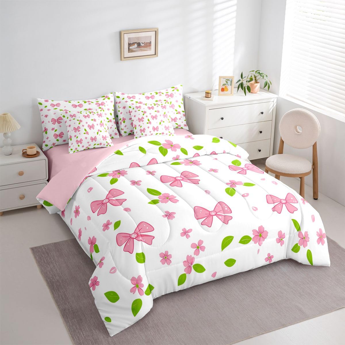 Erosebridal Pink Bow Knot Comforter Set Cherry Blossoms Bed in A Bag Queen Size 7 Pieces Pink Bow Tie Bed Set Room Decor Dreamy Kawaii Japanese Bedding with Sheets
