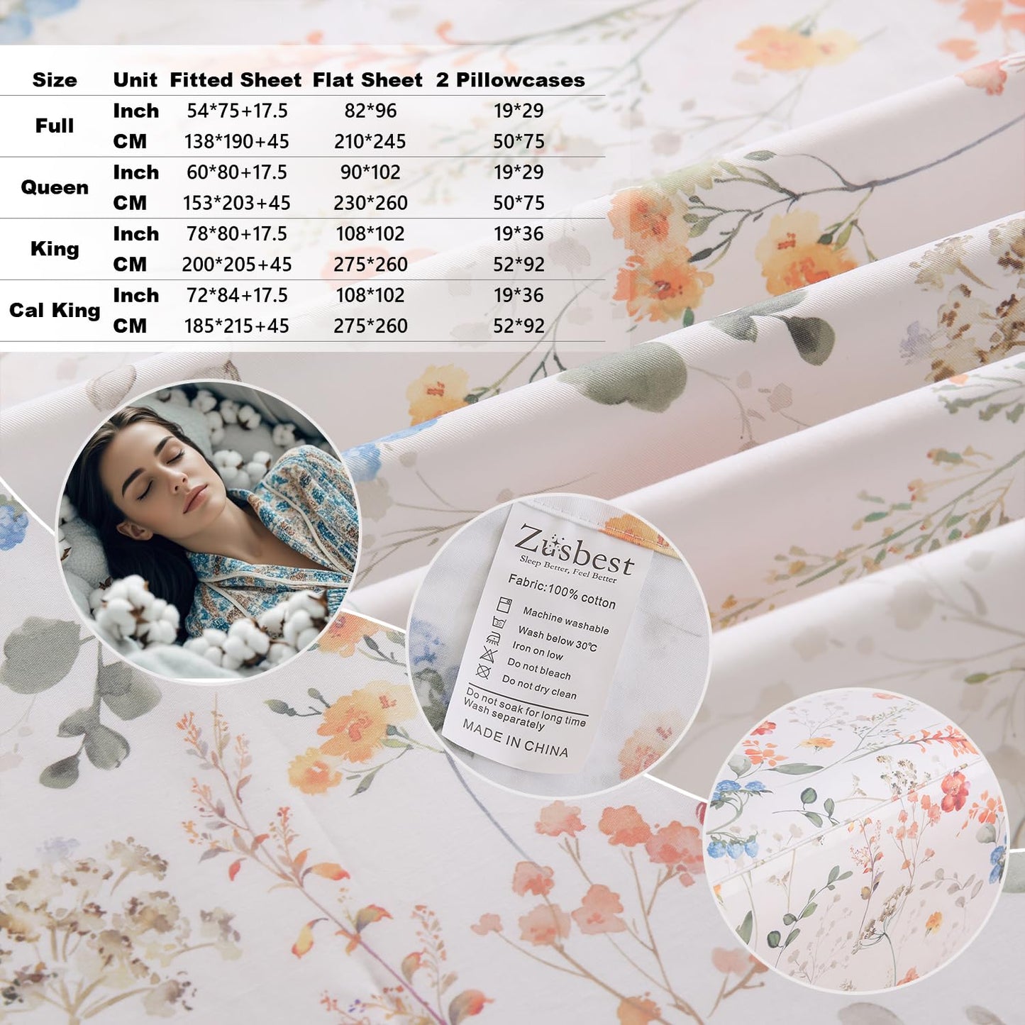 Zusbest Queen Sheet Set Floral Patterned 100% Percale Cotton Orange Blue Flower Sheets Set Green Botanical Printed on White Deep Pocket Fitted Sheets, Crisp Soft Breathable for Hot Sleepers, 4 Pcs
