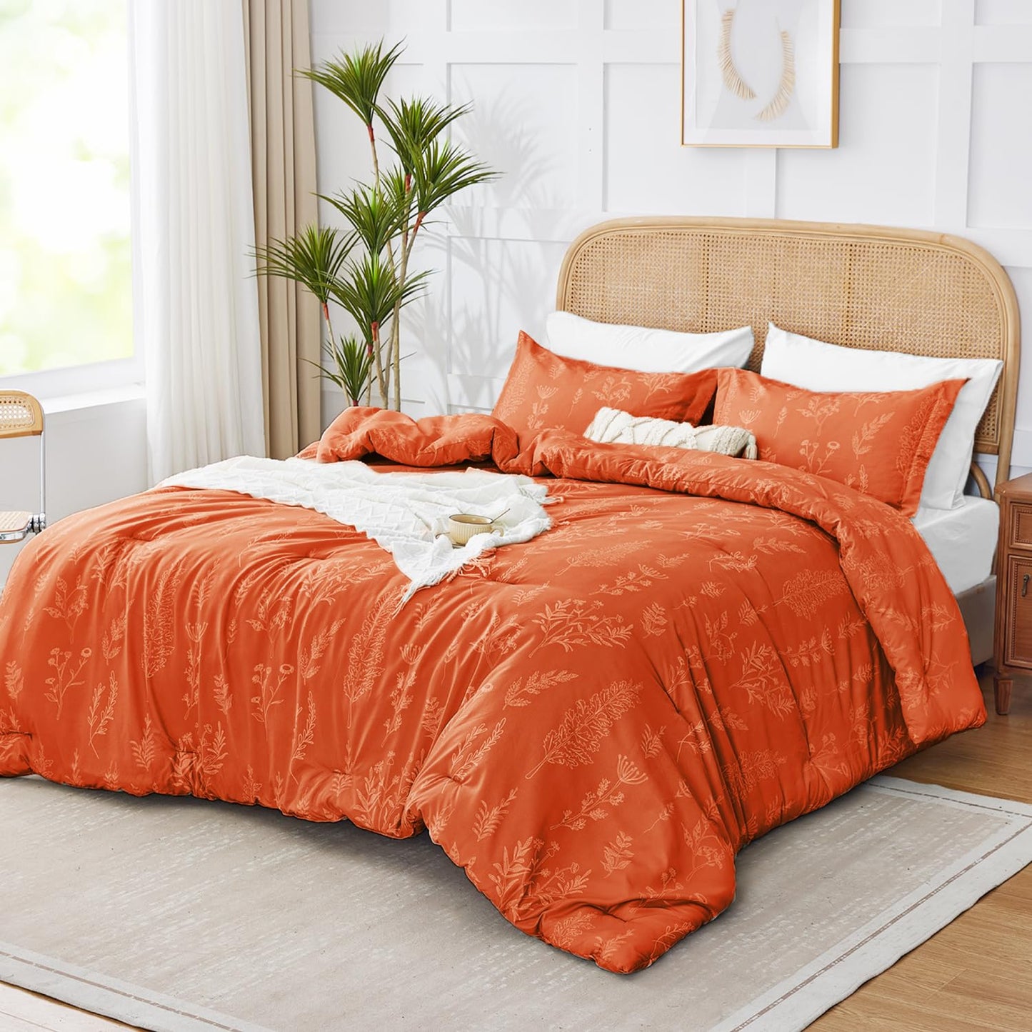Kozyhvn Twin XL Comforter Set Burnt Orange, Cute Floral Bed in a Bag Twin XL Boho 5 Pieces, Soft Fluffy Bedding Sets with Comforter, Sheets, Pillowcase & Sham, All Season