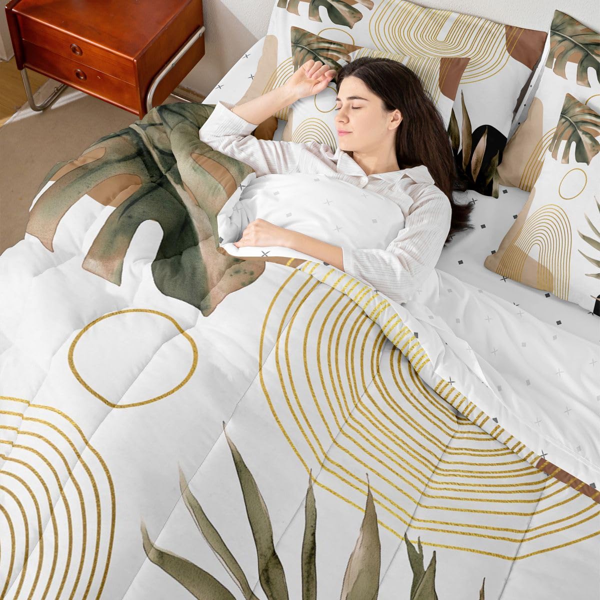 Erosebridal Boho Brown Full 7 Pcs Bedding Set, Abstract Bohemian Mid Century Aesthetic Comforter Set with Sheets, Modern Simple Minimalist Geometric Bed in A Bag, Plant Botanical Palm Leaf Bed Sets