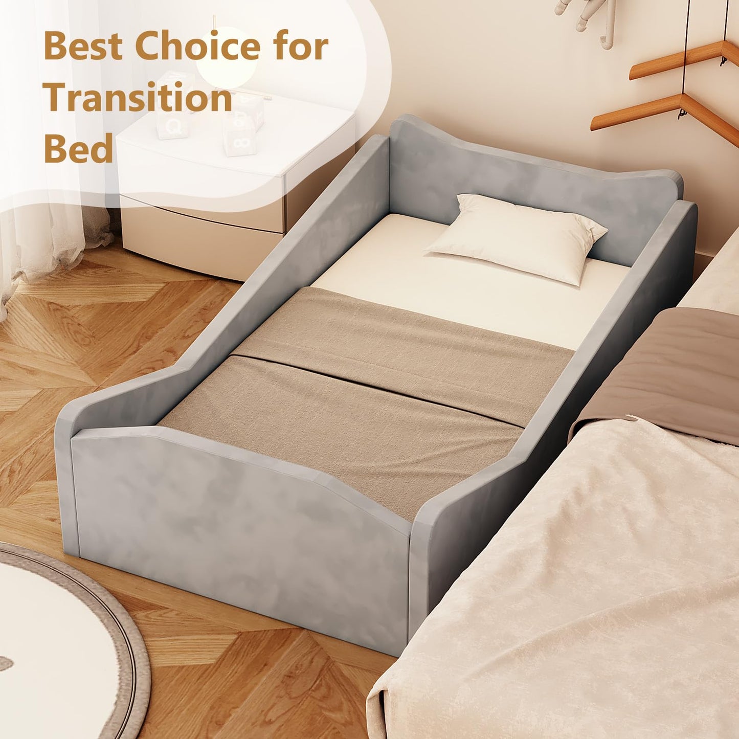 JOYMOR Toddler Bed, Floor Bed with Safety Guadrail, Montessori Toddler Bed with Animal Ear Shapes, Soft Velvet Wood Bed for Infant, Kids, Mattress not Included (Gray)