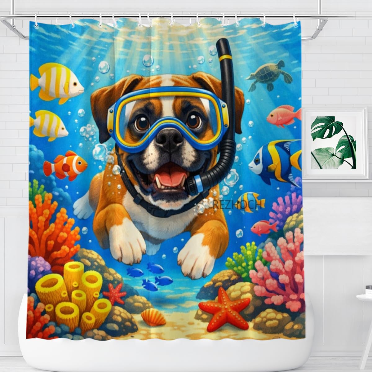 REZHOCH Kids Ocean Shower Curtain 72x72Inch Fun Boxer Snorkeling Underwater Tropical Fish Coral Reef Home Bathroom Decor,Boy Girl Cartoon Animal Coastal Bath Set with Hooks