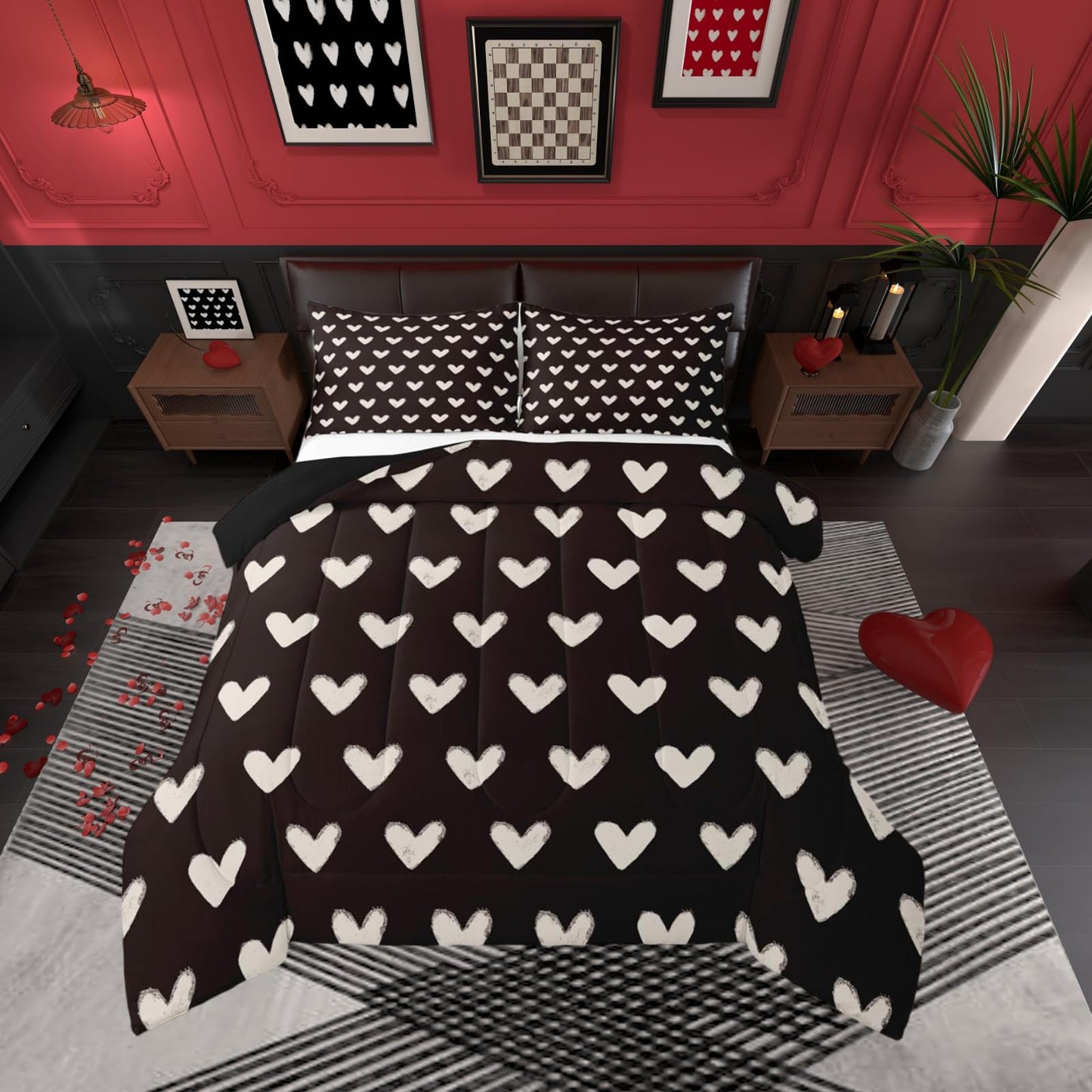 Erosebridal Love Comforter Set Queen Black and White Bedding for Kids Boys Girls Cute Heart Shaped Valentine Day Down Comforter Kawaii Cartoon Love Heart Geometric Duvet Insert Soft Warm Quilt 3Pcs