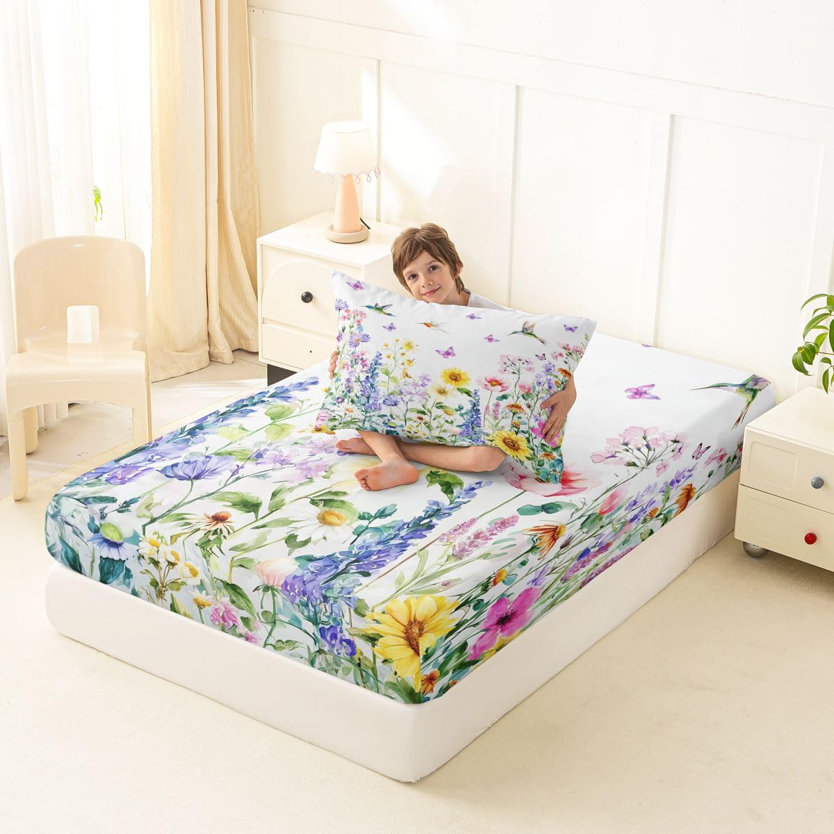 Erosebridal Spring Floral Bed Sheets Twin for Girls Women - Chic Watercolor Wildflower Fitted Sheet Garden Floral Butterfly Bedding Set,Coquette Farmhouse Bed Cover 2 Pcs