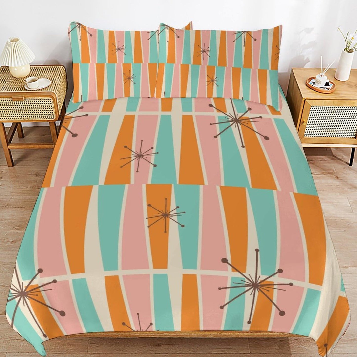 Modern Mid Century Duvet Cover Queen Retro Atomic Bedding Set, Rainbow Grid Comforter Cover Vintage Fifties 1950s Bed Set，Abstract Art Bedding 3 Piece (1 Duvet Cover 86"x70" + 2 Pillow Sham 20"x30")