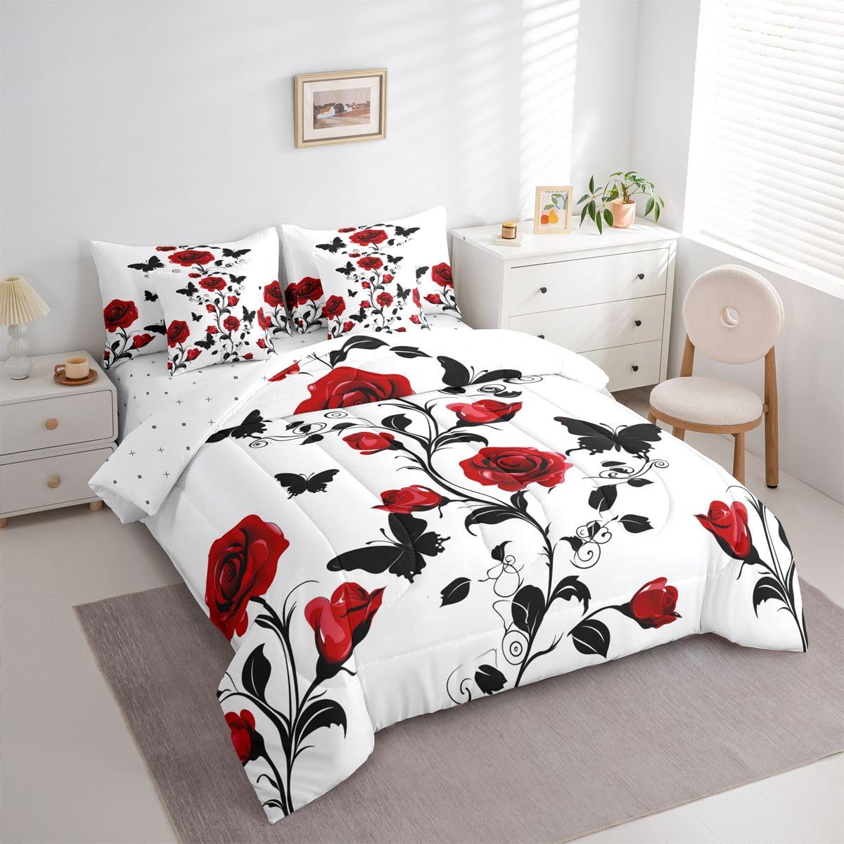 Erosebridal Red Rose Full Bedding Set - Valentines Day Flowers Bed in A Bag,Gothic Roses Butterfly Printed Comforter Sets with Sheets, Rose Decor 7 Pieces Bed Set Bedroom Decor