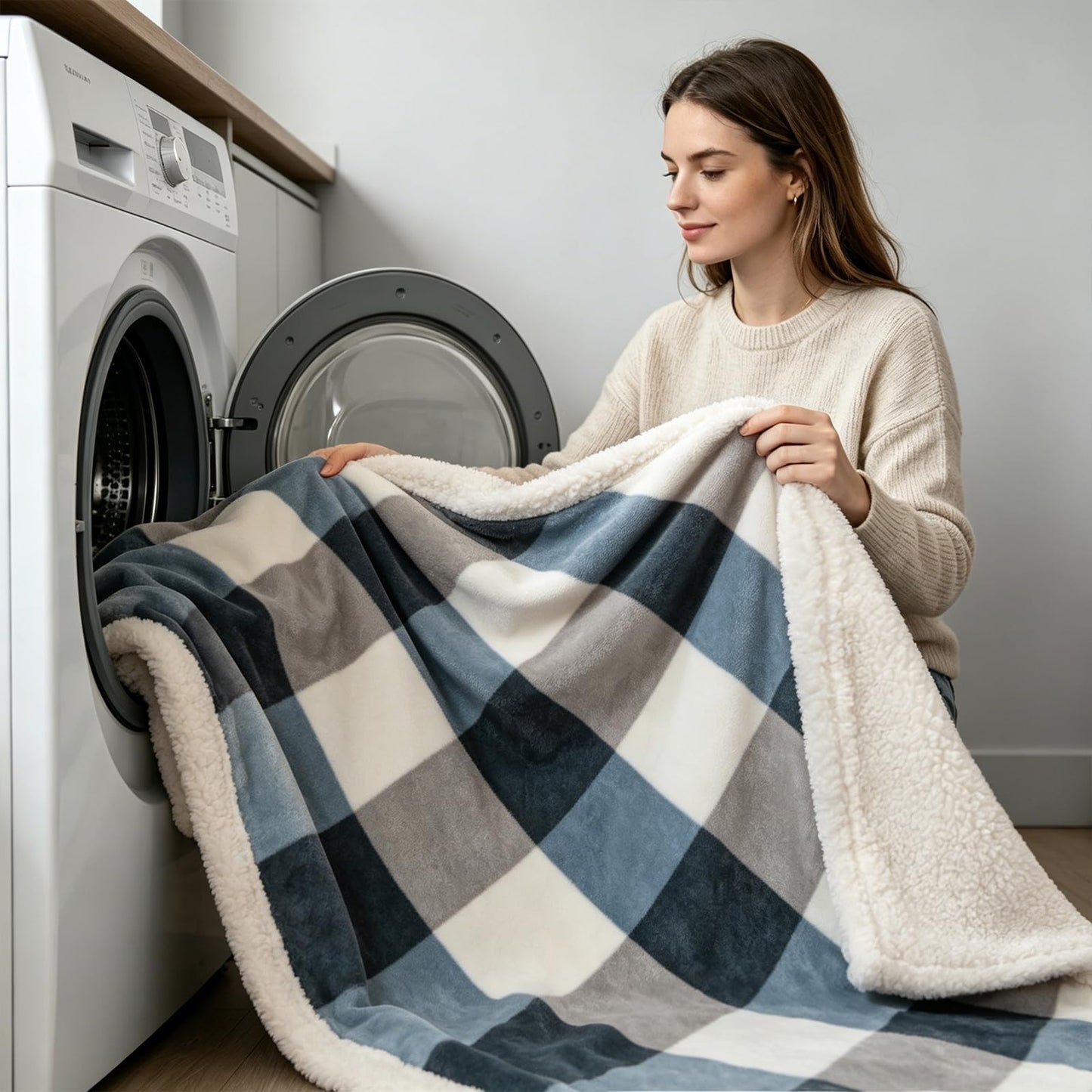 PU MEI Sherpa Fleece Throw Blanket 60" x 80" Reversible Plush Fluffy Large Big Blanket Lattice Flannel Blankets for Sofa Couch Bed (Grey-Soft Blue, 60"*80")