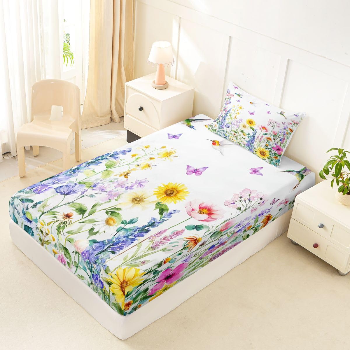 Erosebridal Spring Floral Bed Sheets Twin for Girls Women - Chic Watercolor Wildflower Fitted Sheet Garden Floral Butterfly Bedding Set,Coquette Farmhouse Bed Cover 2 Pcs