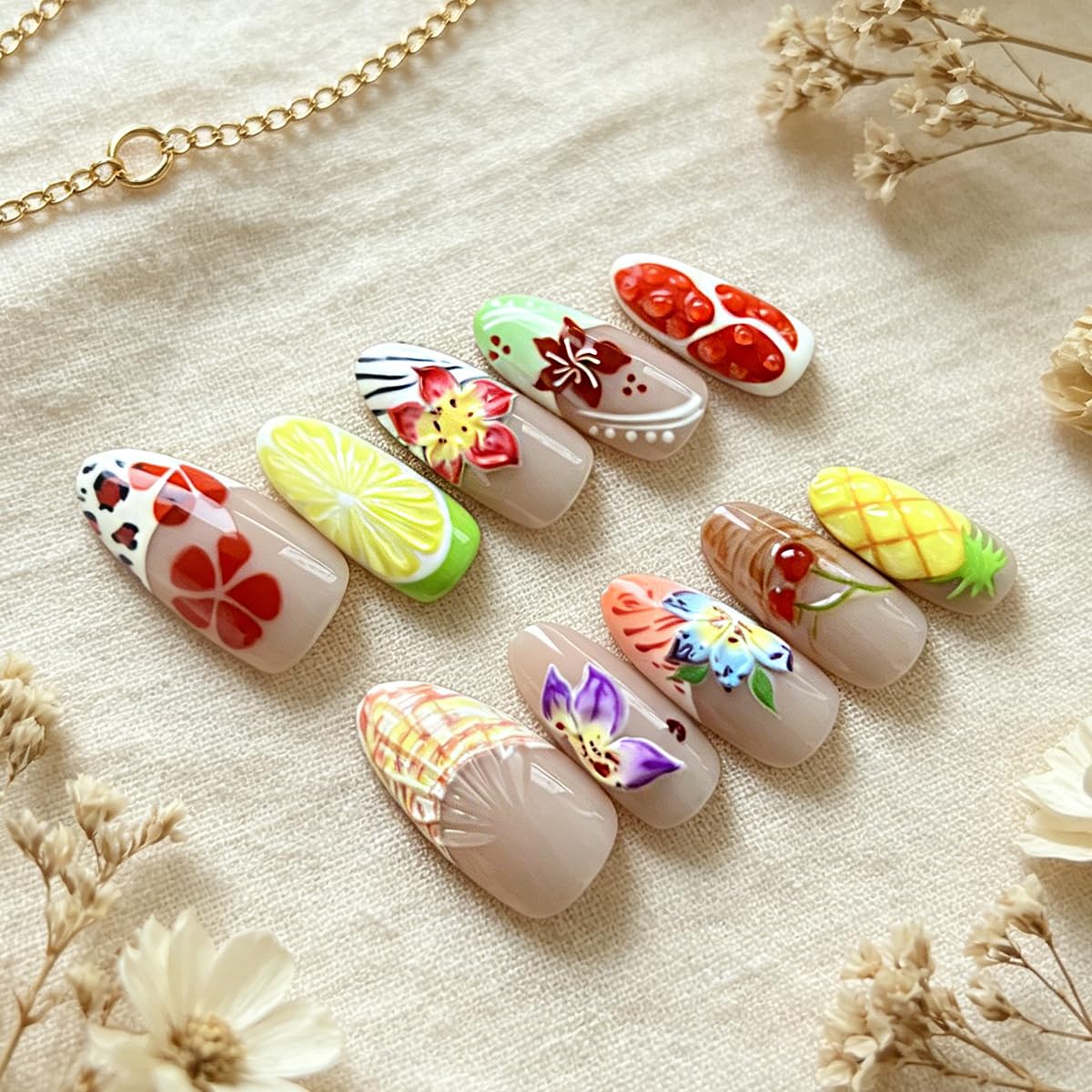 3D Press On Nails Almond Medium French Fake Nails with Embossed Flower&Fruit Summer Designs, Acrylic Artificial Nail Press ons False Stick On Nails for Women Girls 30Pcs