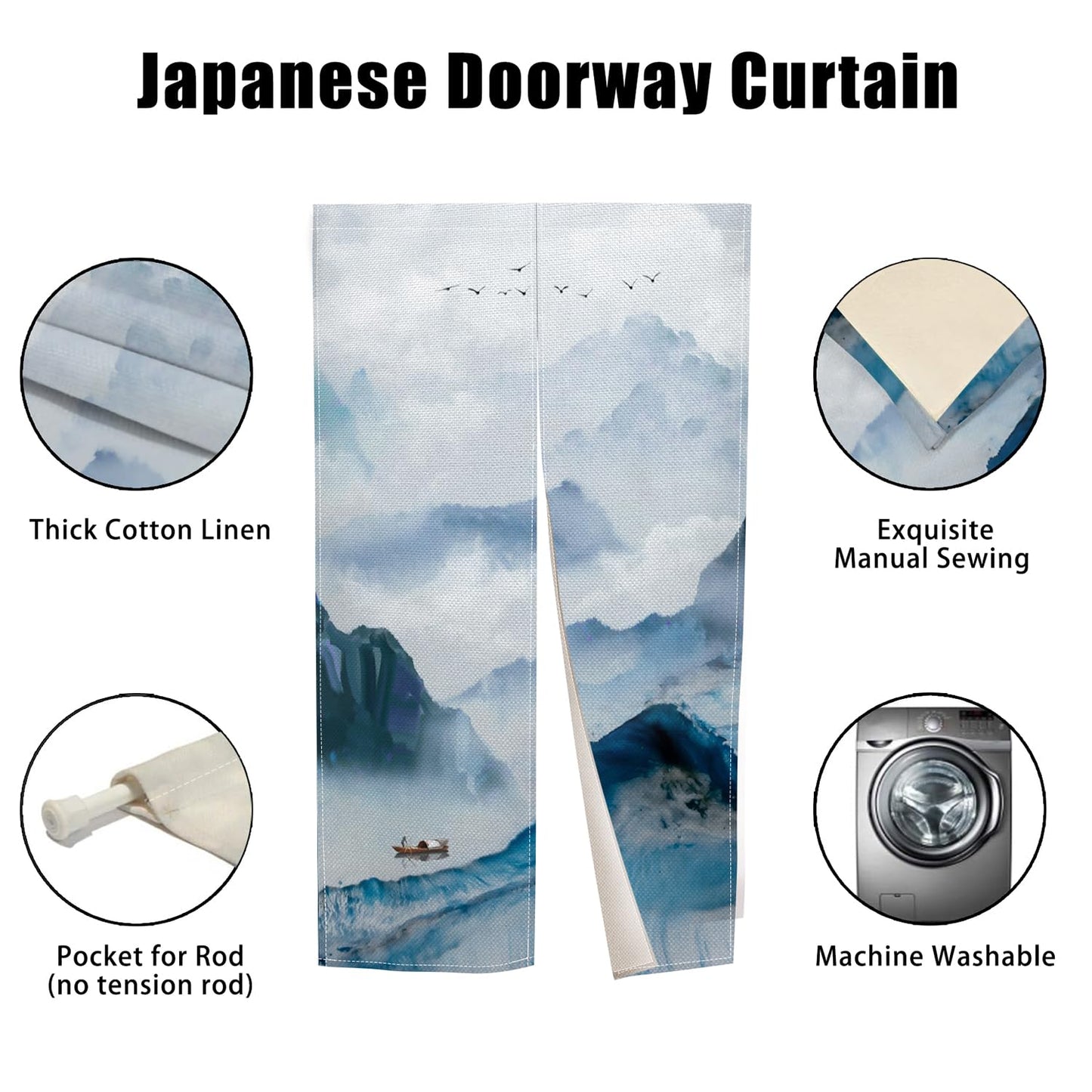 Leowefowa Japanese Noren Doorway Curtain Long Style Chinese Traditional Ink Mount Print Window Treatment Entrance Fengshui Door Tapestry for Hanging Room Divider Kitchen Home Decor, 33.5"x 70.9"