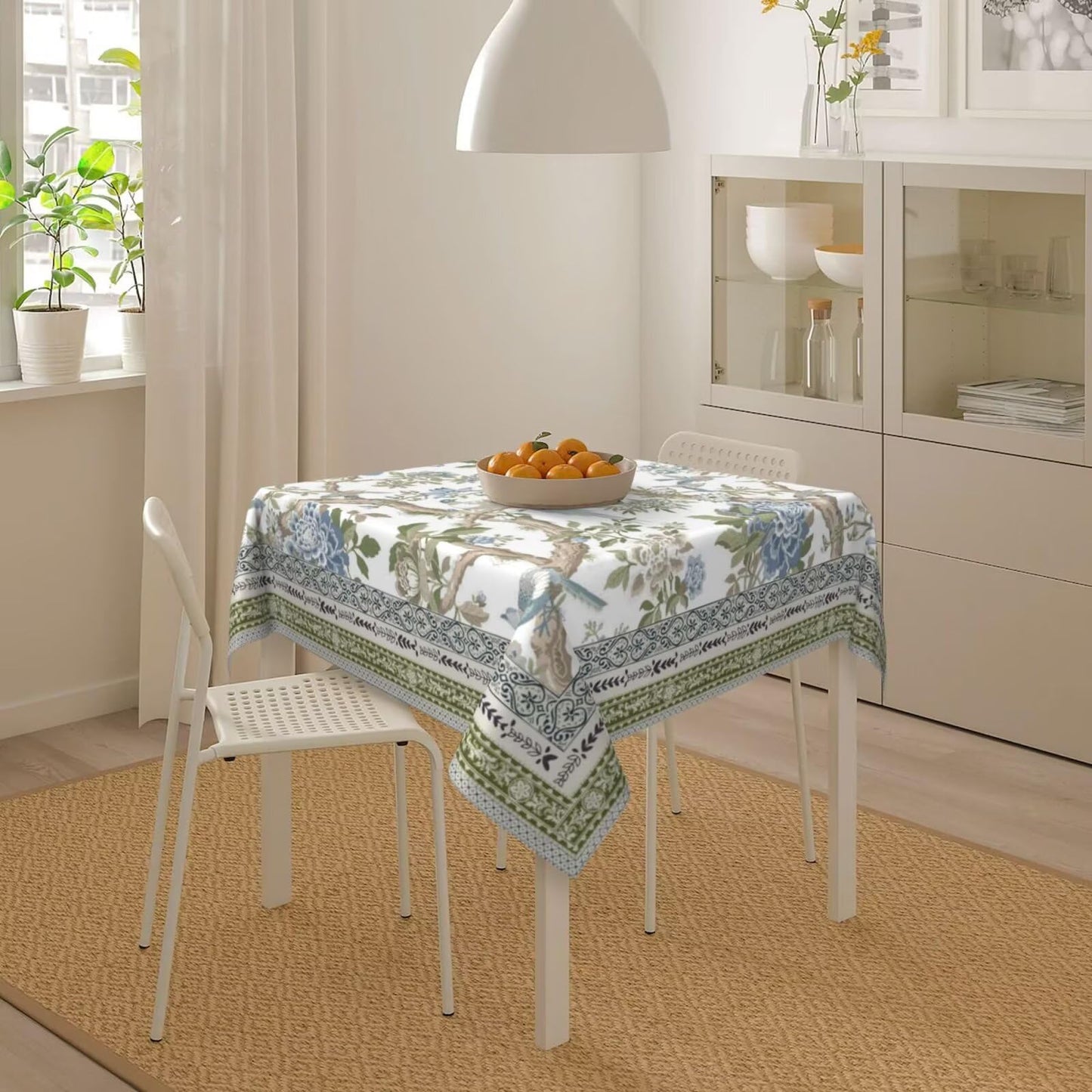 Jecuwo Spring Chinoiserie Floral Square Tablecloth 54 Inch Bird Tree Flower Pattern Table Cover Sage Green Blue Branch Washable Decoration Tablecloth Indoor and Outdoor Dining Table Home Party Decor