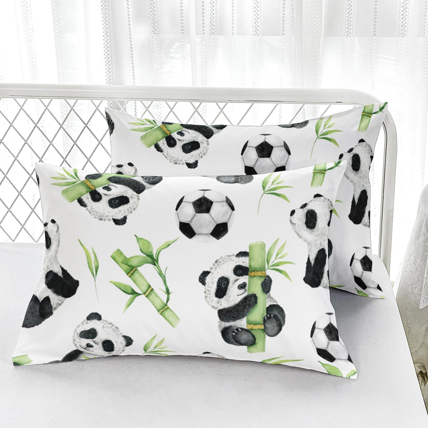 AILONEN Kawaii Fitted Sheet Set, Kids Lovely Panda Bedding Set Twin Size for Boys Girls, Black and White Soccer Print Bamboo Bed Sheet Set 3-Piece, 1 Fitted Sheet + 2 Pillowcases