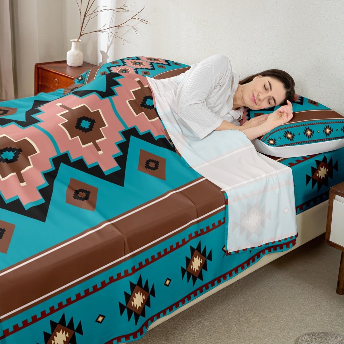 Feelyou Boho Aztec Bed Sheets Set King Size West Deep Pocket Fitted Sheet Teel Brown Bedding Sets Western Soft Bed Set 4Pcs with 2 Pillow Cases