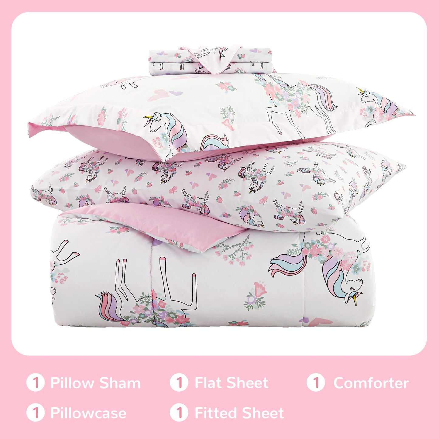 Viviland Kids Twin Bedding Sets for Girls, Soft Twin Comforter Set with Sheets, 5 Pieces Microfiber Bed in a Bag, White Unicorn