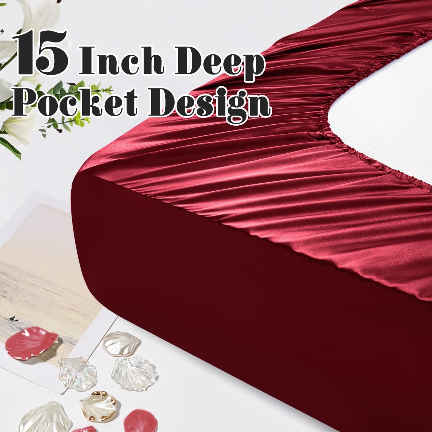 Homiest Ruffled Satin Sheets Full Size 6pc Set - Burgundy Bed Sheet Set with 15 Inch Deep Pocket Fitted Sheet, 1 Flat Sheet, 2 Ruffled Pillow Shams & 2 Pillowcases, Similar to Silk Sheets
