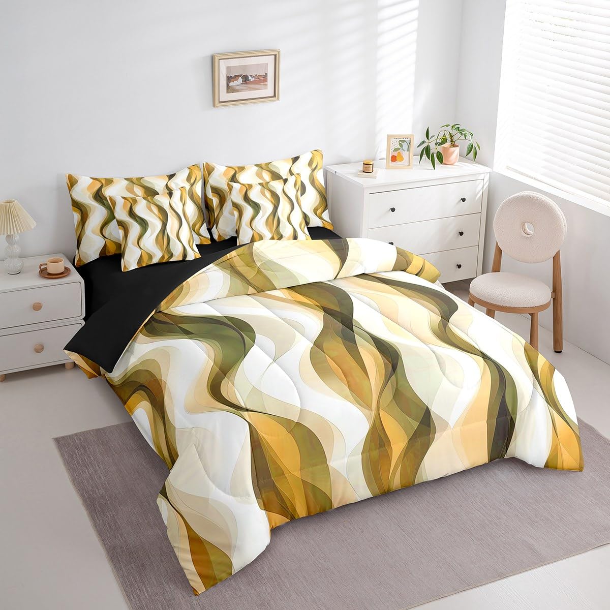 Erosebridal 7Pcs Lemon Yellow Queen Size Comforter Set,Boho Abstract Striped Bed in A Bag for Kids Teens Adults,Minimalist Modern Geometric Bedding with Bed Sheets,Mid Century Aesthetics Art Quilt