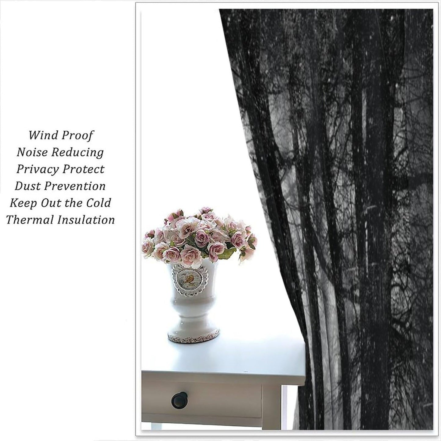 SHElifestyle Gothic Forest Window Curtains, Foggy Mysterious Ghost Window Treatments, Halloween Spooky Black Crows Cobwebs Drapes for Bedroom Living Room W42 X L45