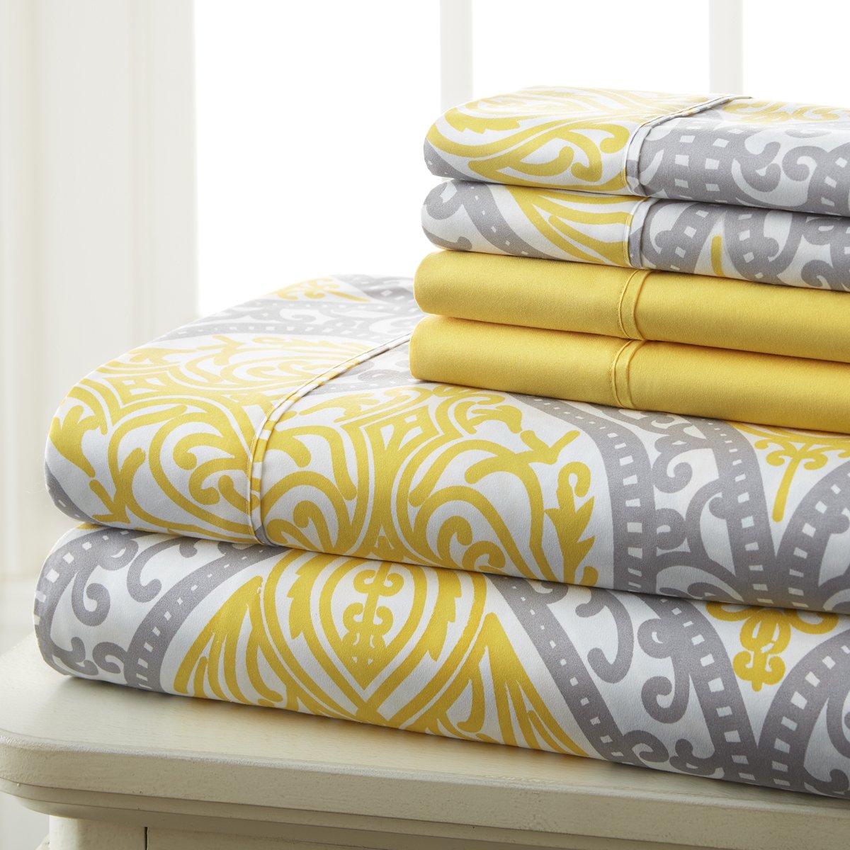 Spirit Linen home 6-Piece King Size Bed Sheet Set - Deep Pocket, Medallion Print, Soft and Breathable Bed Sheets, Microfiber Material, Includes 1 Fitted, 1 Flat, 4 Pillowcases - Grey/Yellow Medallion