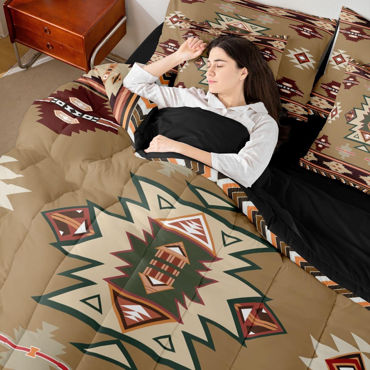 Erosebridal Western Twin Comforter Set with Sheets | Southwestern Decor Geometric 7-Piece Bedding Set Farmhouse Aztec Bed in a Bag, Stripes Diamond Triangle Bed Sets,Brown