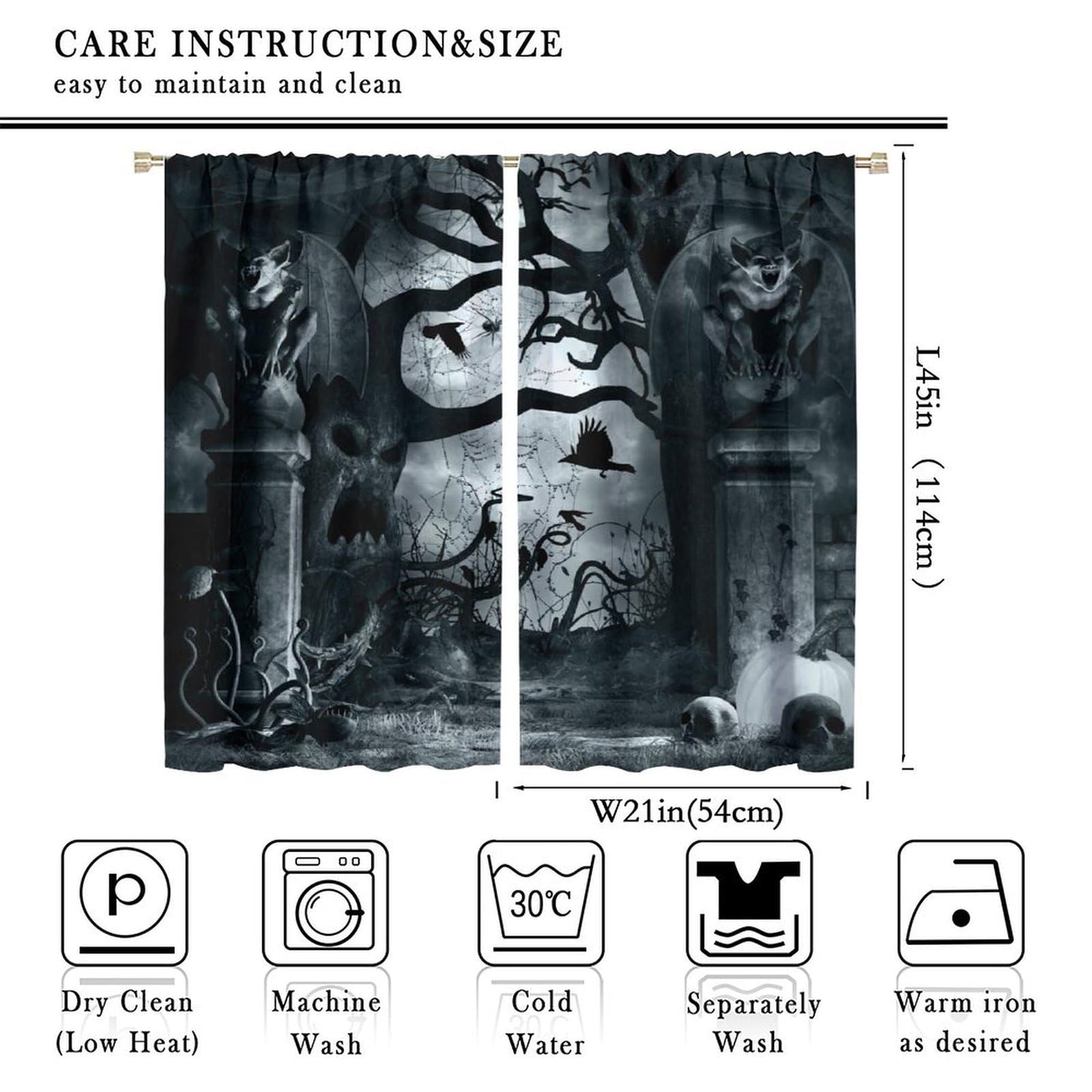Gothic Curtains,Terror Themed Demon Skeleton Crow Dark Forest Window Treatments for Bedroom Living Room Kitchen Horror Halloween Window Drapes 2 Panel Set,Total Size 42 x 45 Inch