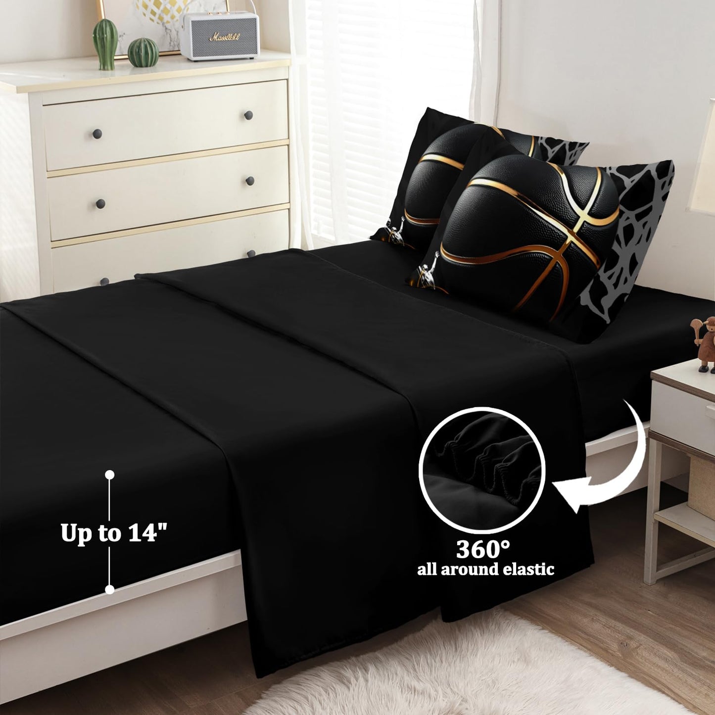 HICAND 5 Pcs Basketball Full Bedding Set for Boys Teens, Full Size Sports Cool Basketball Boys Comforter Set with Sheets