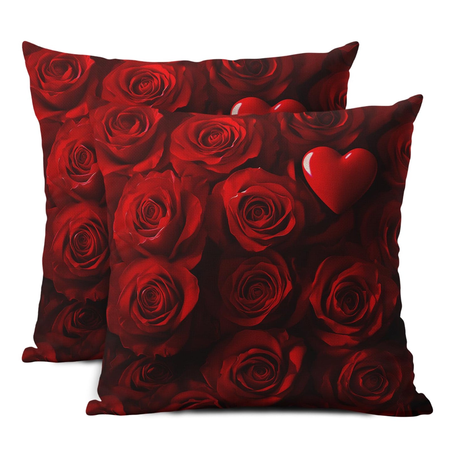 Valentines Day Pillow Covers 18X18 Inch Red Heart Rose Floral Decorative Pillow Cases Wedding Mother's Day Anniversary Cotton Linen Throw Pillows Set of 2 Home Decor For Sofa Couch Bedroom Outdoor