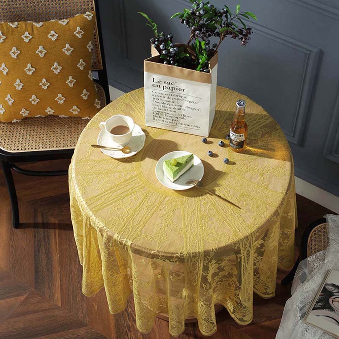 JAIJY Vintage 60 inch Yellow Lace Tablecloth Floral Embroidered Boho Shabby Chic Small Table Cover for Wedding Halloween Party Dinning Holiday, 1 Piece