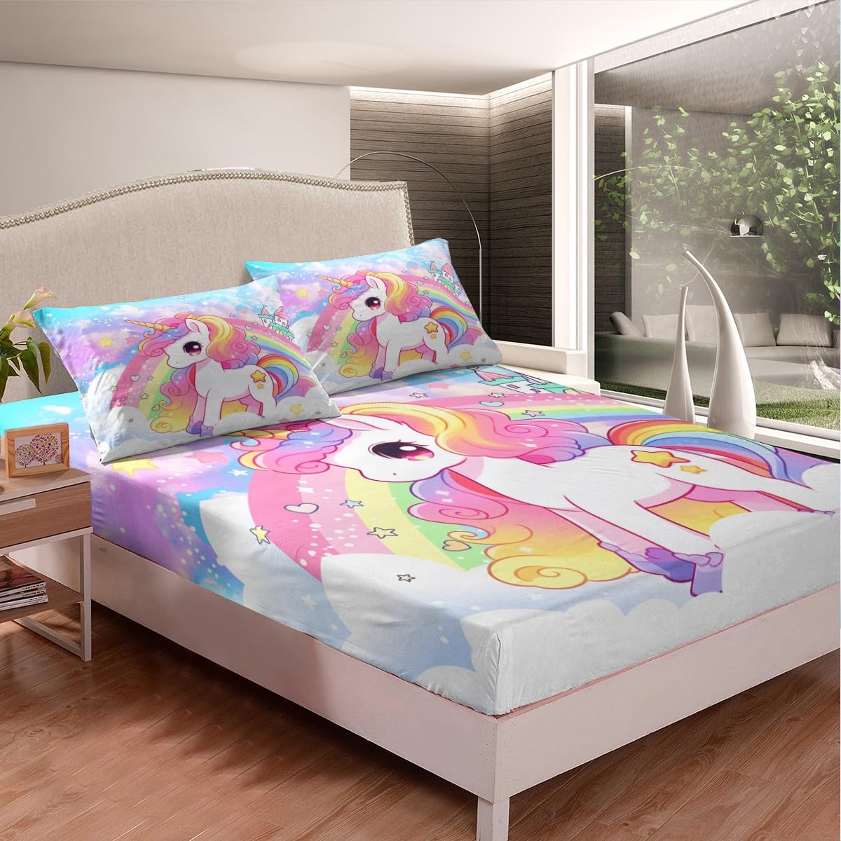 Cute Unicorn Kids Fitted Sheet Full Size,Rainbow Stars Cloud Dreamy Bedding Set,Girls Women Room Decor,Cartoon Animals Castle Girly Bed Cover,Pink Blue Unique Bed Sheet,2 Pillowcases
