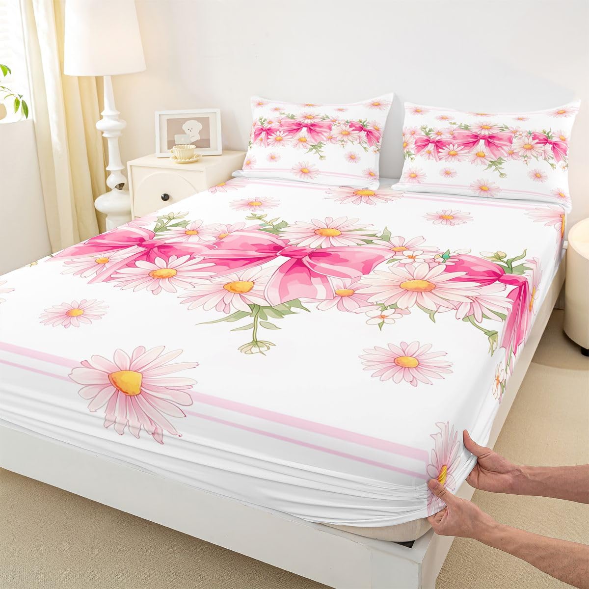 Erosebridal Gradient Pink Daisy Sheet Set Watercolor Ribbon Bows Flowers Twin Sheets Set for Tween Boys Girls,Kawaii Cute Bowknot Flower Cartoon Bow Tie Floral Boho Fitted Sheet