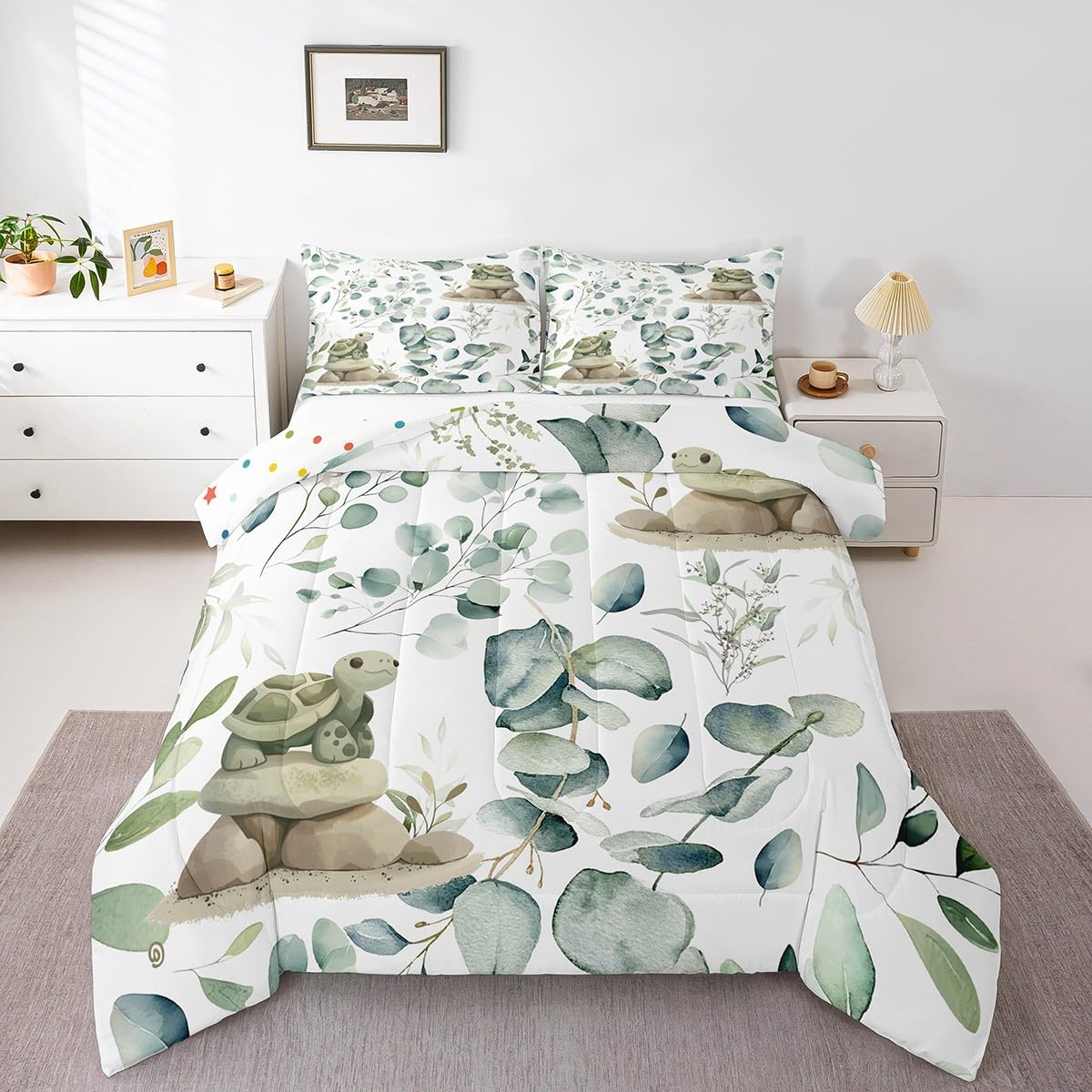 Erosebridal Kawaii Turtle Twin Comforter Set for Boys Girls Cartoon Animal Bedding Set Twin, Eucalyptus Leaves Bedding Comforter Sets Marine Wildlife Duvet Set, Tropical Plants Quilted Comforter