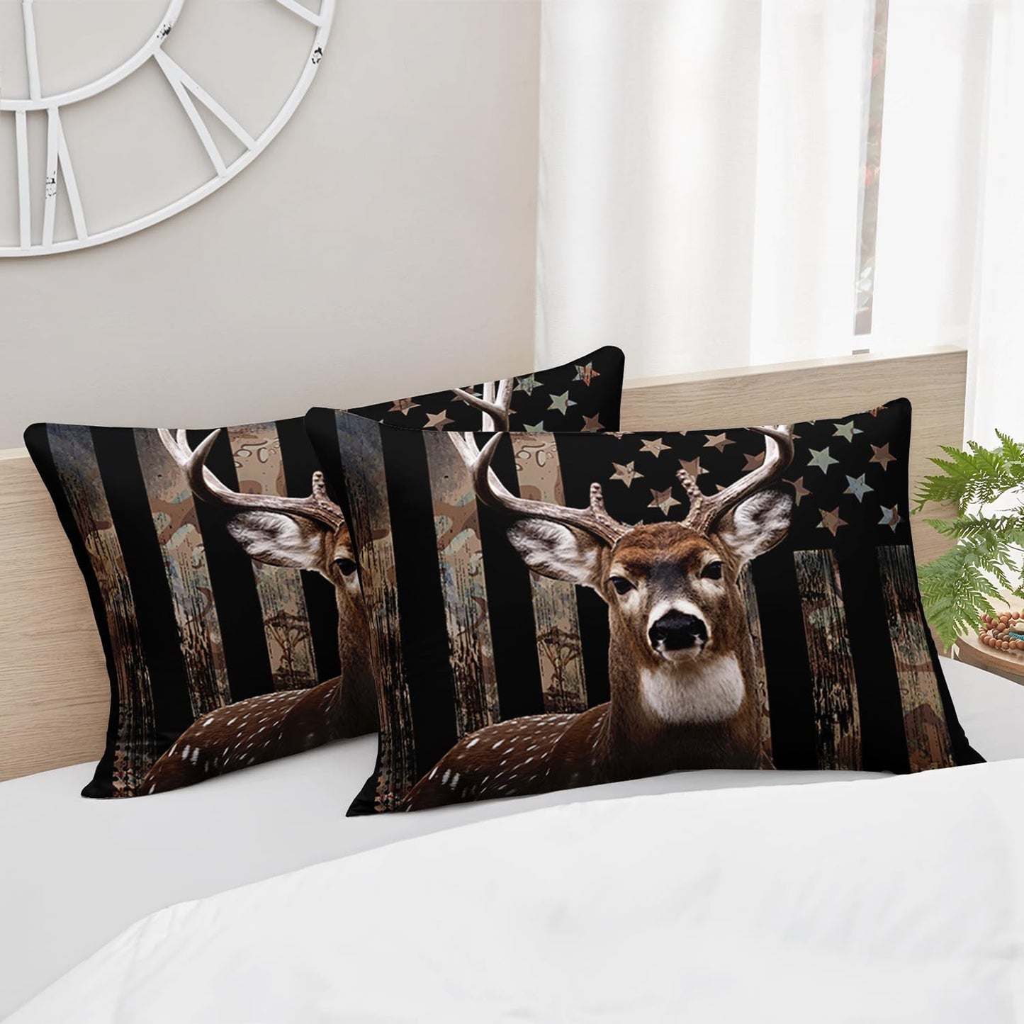 HOSIMA Deer Hunting Camo Bedding,Hunter Bedding Set American Flag Fitted Sheet Set Twin Size for Adult Teen Boy Bedroom Decor,1 Fitted Sheet+2 Pillowcases.