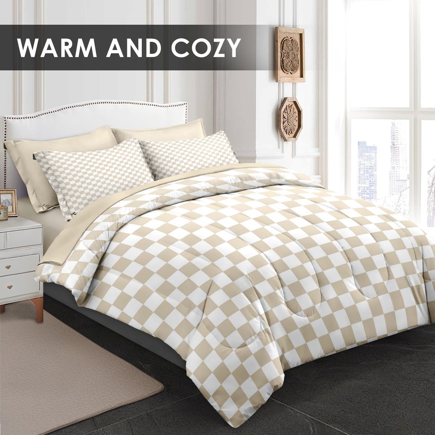 Nesphy Plaid Checkerboard Grid Geometric Beige Comforter Set 7 Pcs Full Size Quilt, Modern Checkered Op Art Soft Bedding Set with Flat and Fitted Sheet Pillowcases Sham for Adults Bedroom Bed Decor