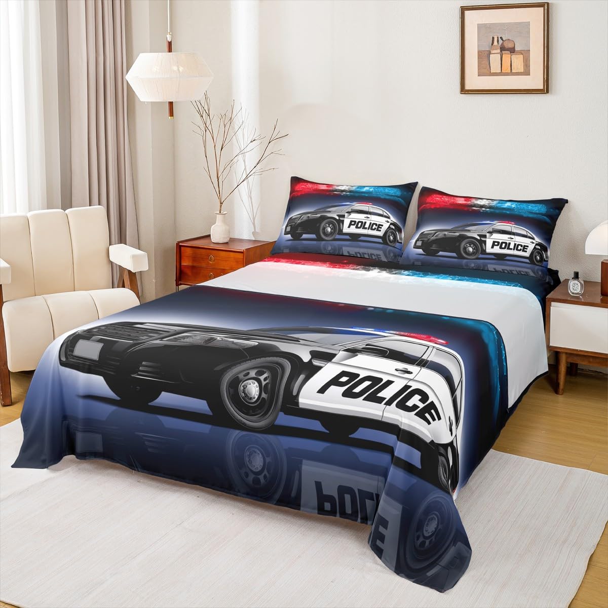 Erosebridal Boys Police Car Bed Sheet Set King Size Kids Children Policeman Vehicle Bedding Sets Red Blue Cop Lights Sheet Set Geometric Graphic Deep Pocket Fitted Sheet+ Flat Sheet + 1 Pillow Case