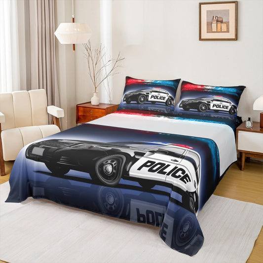 Erosebridal Boys Police Car Bed Sheet Set King Size Kids Children Policeman Vehicle Bedding Sets Red Blue Cop Lights Sheet Set Geometric Graphic Deep Pocket Fitted Sheet+ Flat Sheet + 1 Pillow Case
