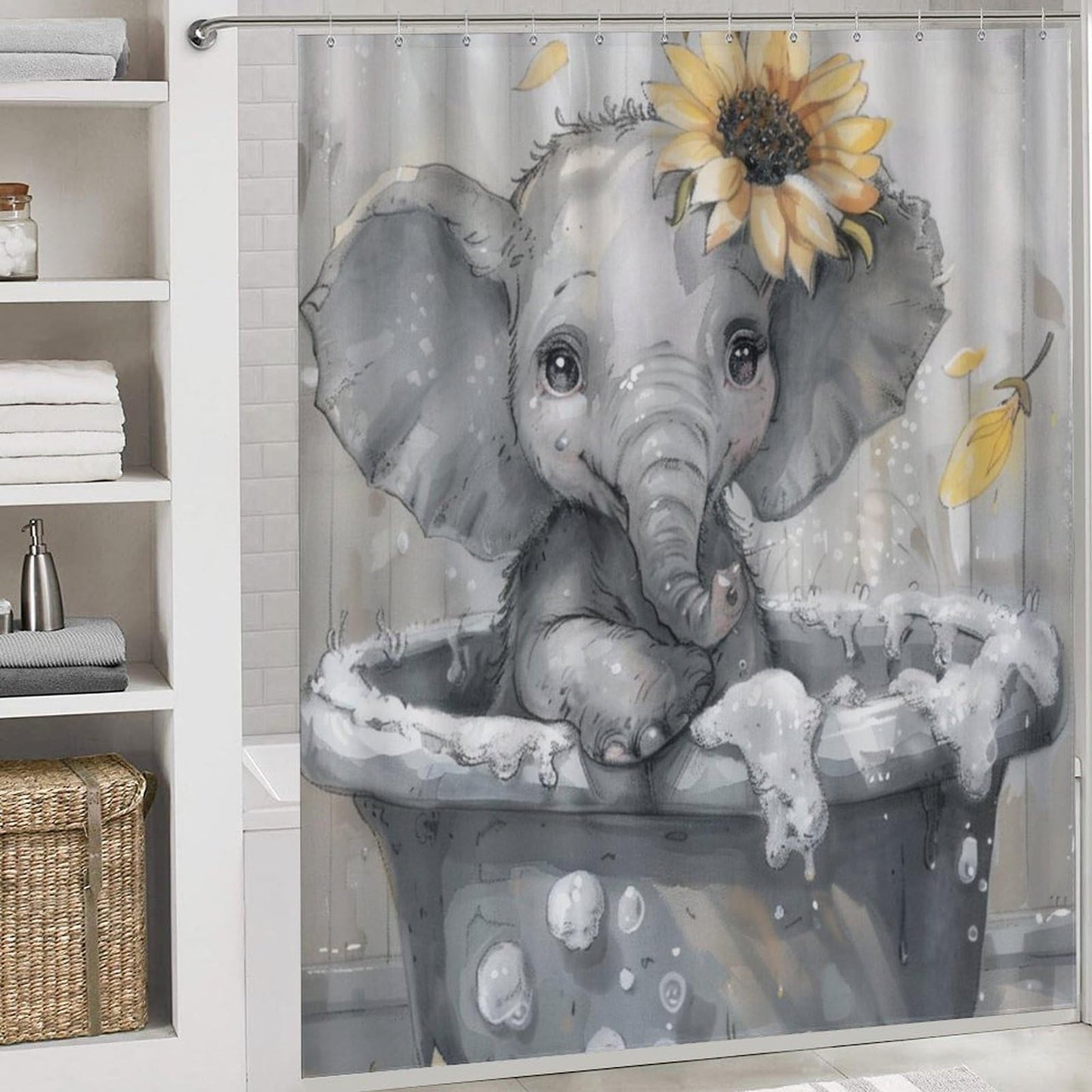 FOCCAFB 4 Piece Vintage Abstract Elephant Shower Curtain Set with Rugs, Bathtub Animal Sunflower Floral Include Bathroom Non-Slip Floor Mat, U-Shaped Bath Rug and Toilet Cover Lid with 12 Hooks