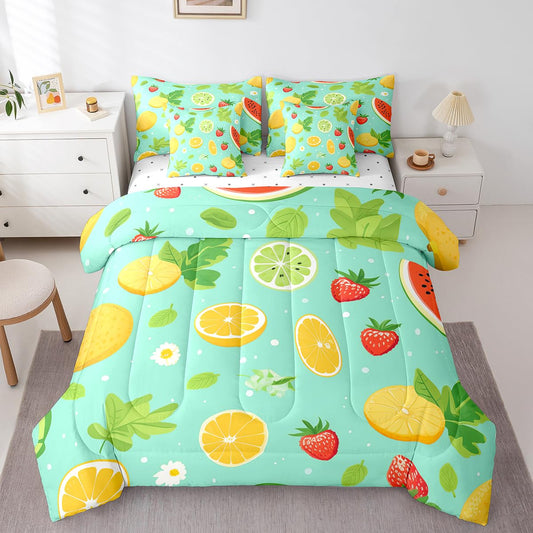 Erosebridal Tropical Fruit Full Bedding Sets 7-Piece Strawberry Lemon Comforter Set Summer Holiday Comforter Set with Sheets White Daisy Flower Leaves Bed in A Bag,Children Blue Soft Home Decor