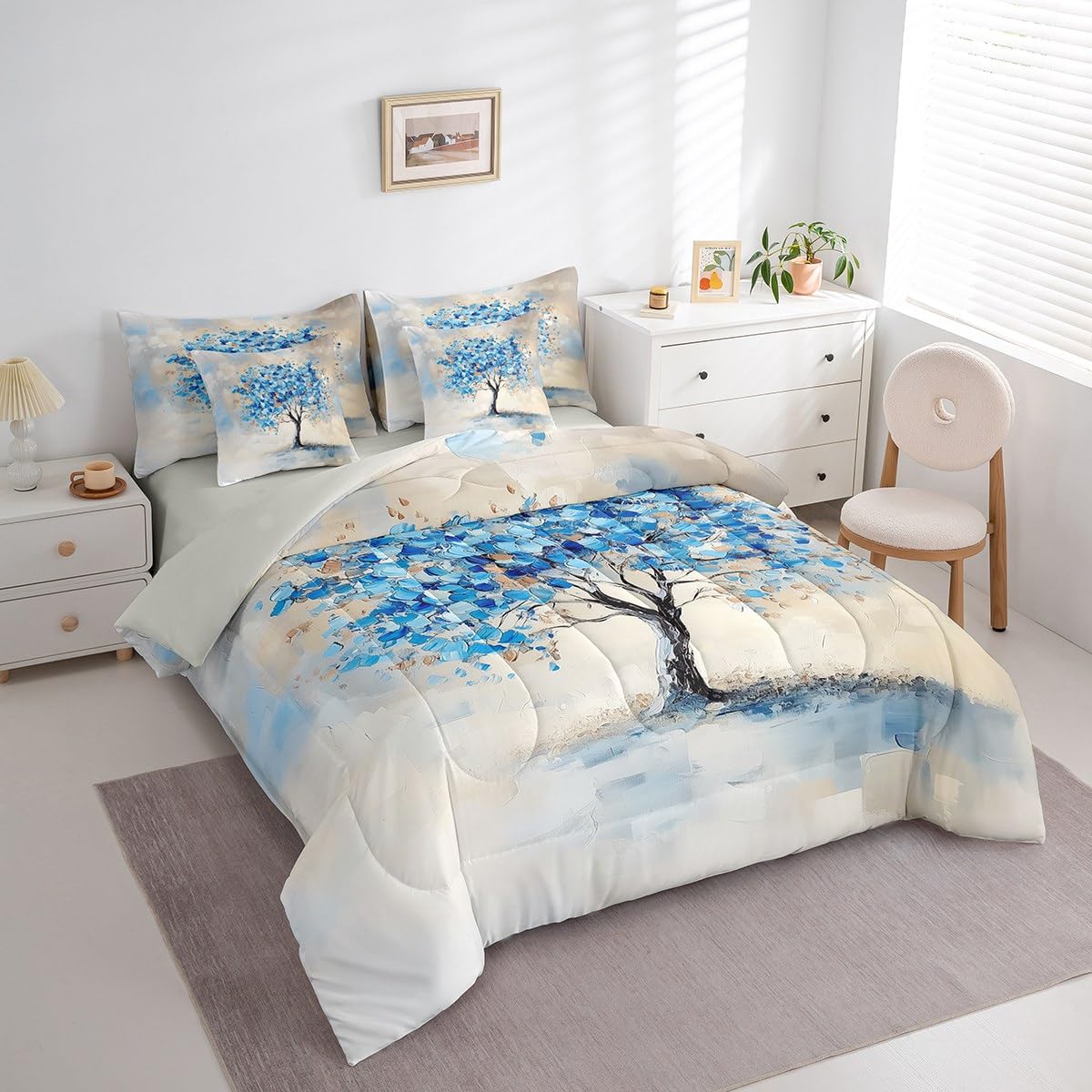 Dark Blue Tree Branches Pattern 7 Pieces Bedding Set Twin Size Kids Leaf Branches Bed in a Bag with Comforter, Pillowcases Fallen Leaves Bed Set Breathable Botanical Room Comforter Set with Sheets