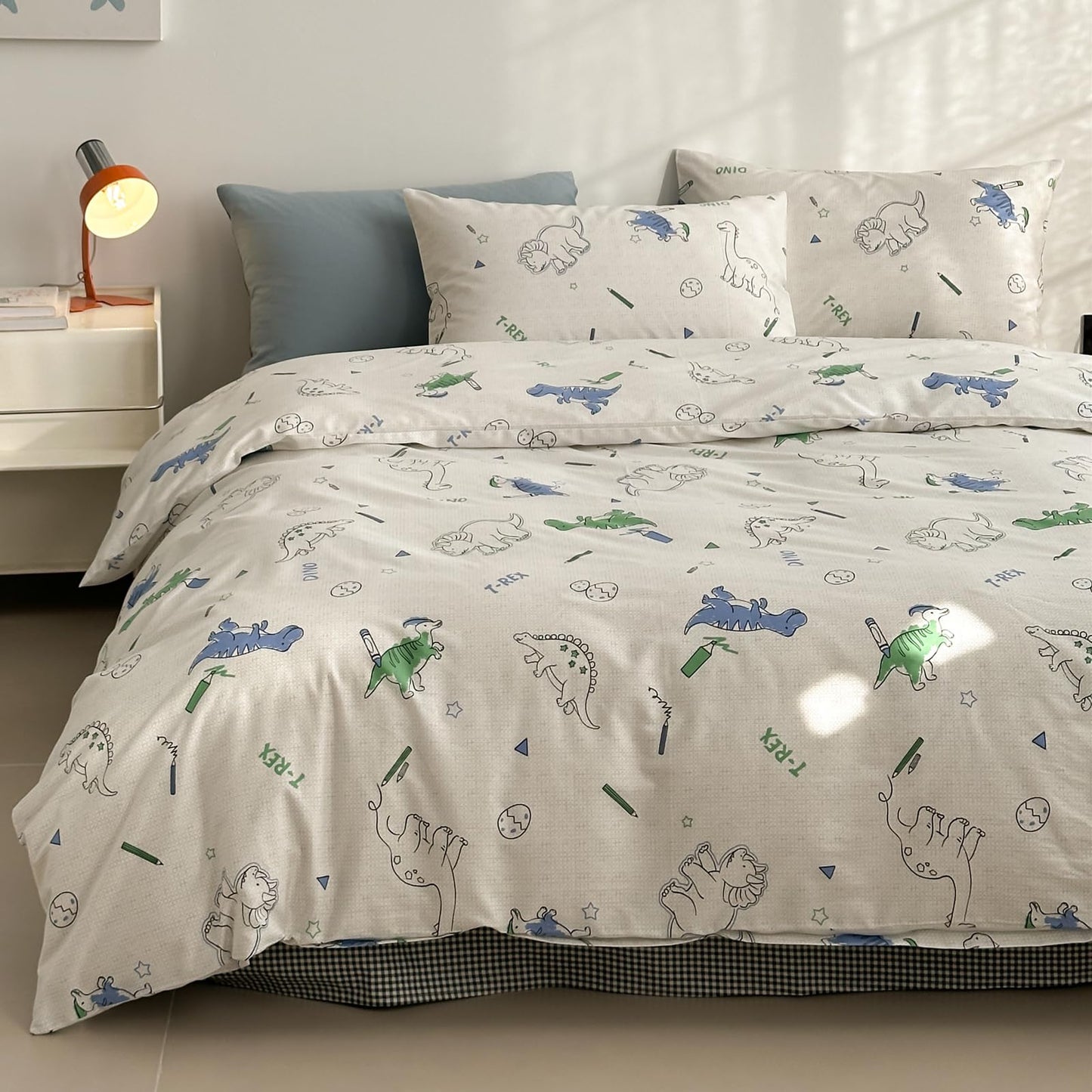 LIWHENHAO Dinosaur Duvet Cover Set Twin 100% Cotton Bedding Cartoon Dino Print on Gray White 1 Kawaii Cute Animal Comforter Cover Zipper Closure 2 Pillowcases for Kids Girls Boys