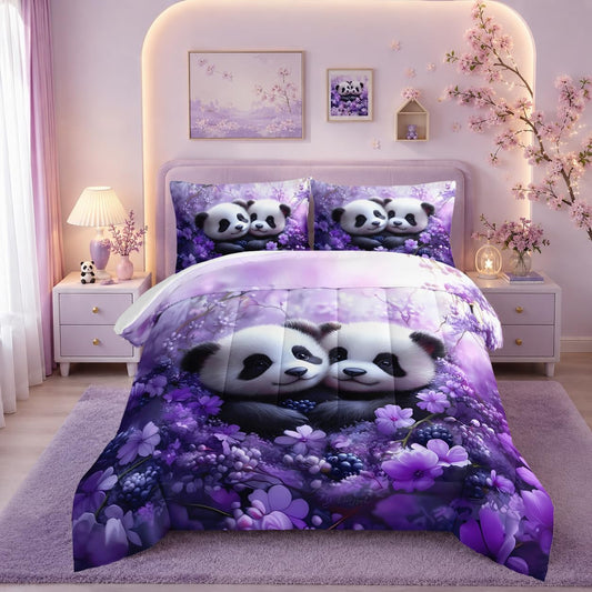 HOSIMA Panda Queen Bedding Sets for Girls Room Decor,Pandas Hugging Each Other in Flowers Field Printed Animal Bedding for Kids Boys,Fluffy Cute Comforter with 2 Pillowcases.