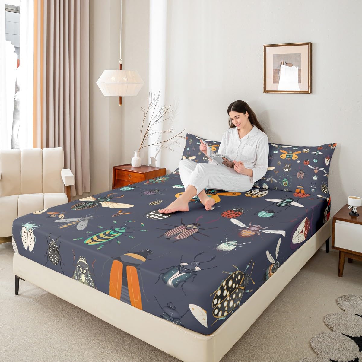 Beetles Bed Sheet Set Twin Size Cartoon Ladybug Moth Sheet Set Nature Wild Animals Sheets for Boys Girls Bedroom Dark Purple Bedding Set with Flat Sheet Fitted Sheet Pillowcase 3Pcs