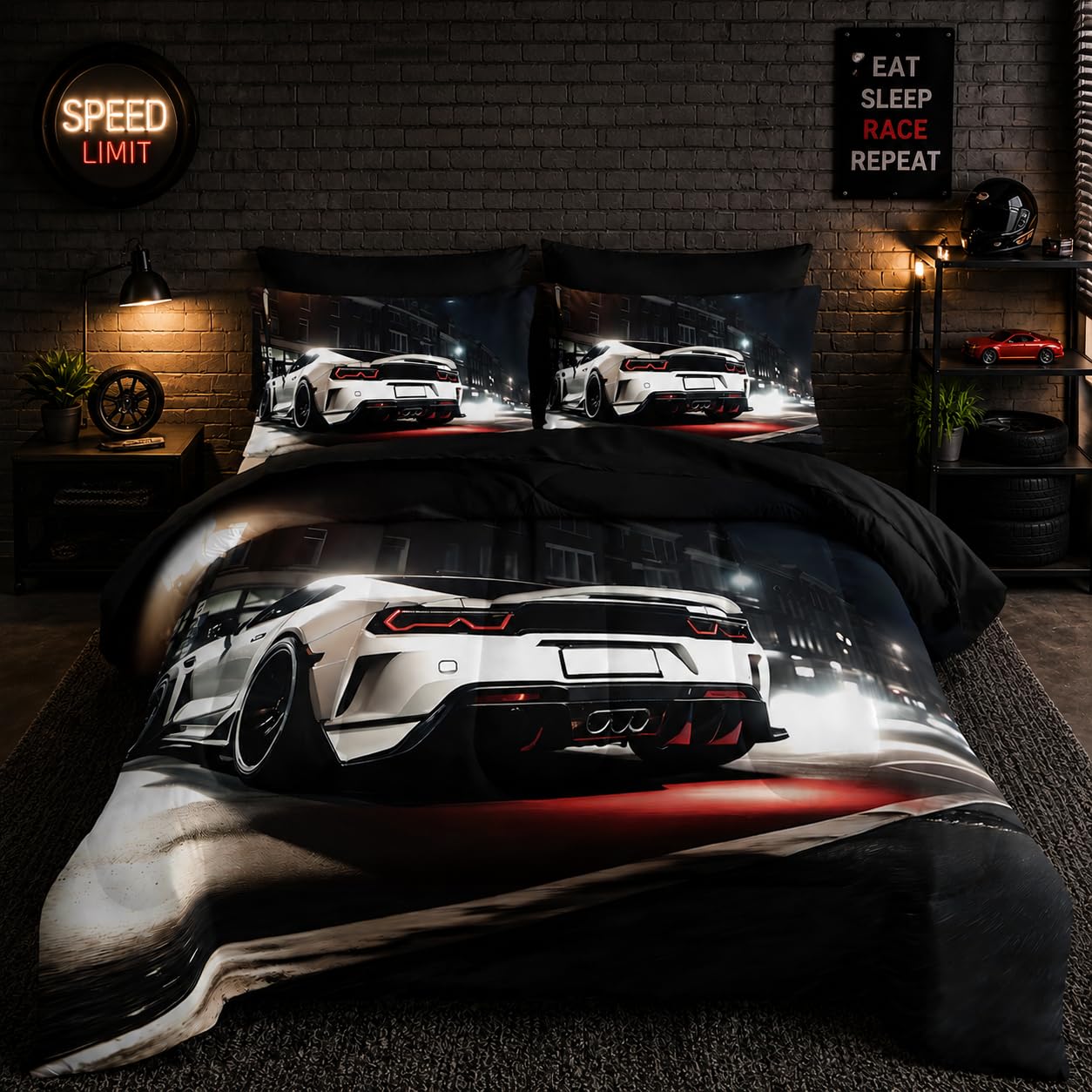 Nttopship Sports Car Comforter Set Twin Size 7PCS, White Racing Car Bed Set Light White Racing Car Bedding Set 7 Piece in A Bag,Bed Sheet Set Racing Car Decor,Microfiber Lightweight All Season