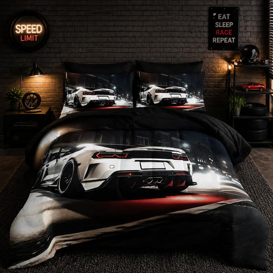 Nttopship Sports Car Comforter Set Twin Size 7PCS, White Racing Car Bed Set Light White Racing Car Bedding Set 7 Piece in A Bag,Bed Sheet Set Racing Car Decor,Microfiber Lightweight All Season