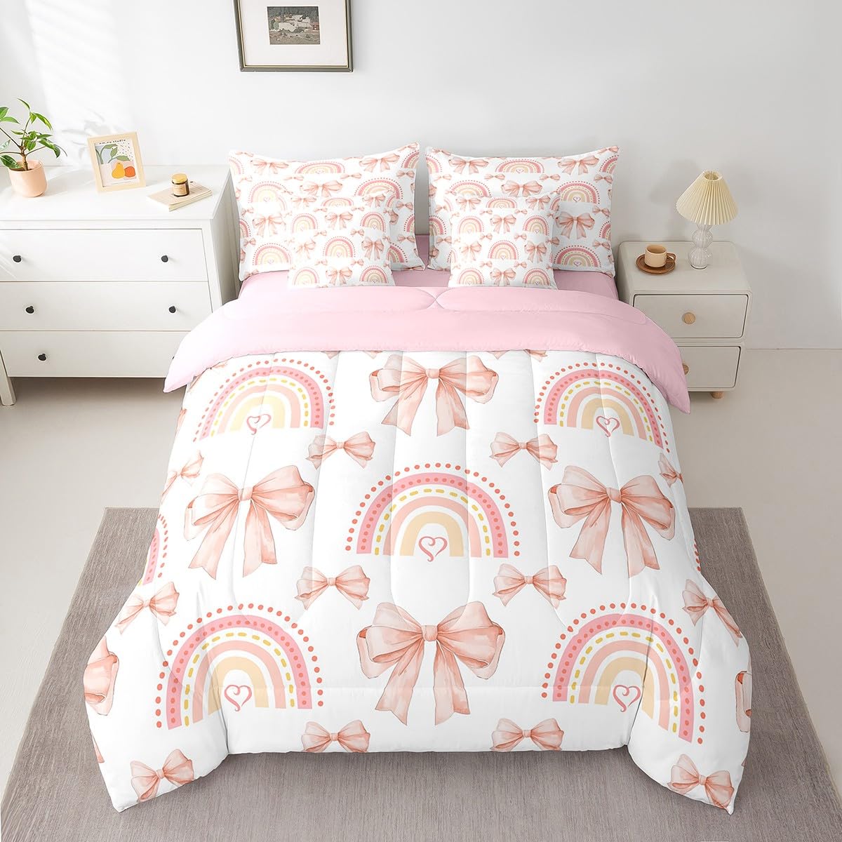 Erosebridal 7 Piece Rainbow Bowknot Bedding Set for Teens,Dreamy Princess Style Kids Girls Comforter Set King Bed in a Bag,Romantic Valentine Day Sheet Set,Bow Tie Heart Shaped Duvet Insert