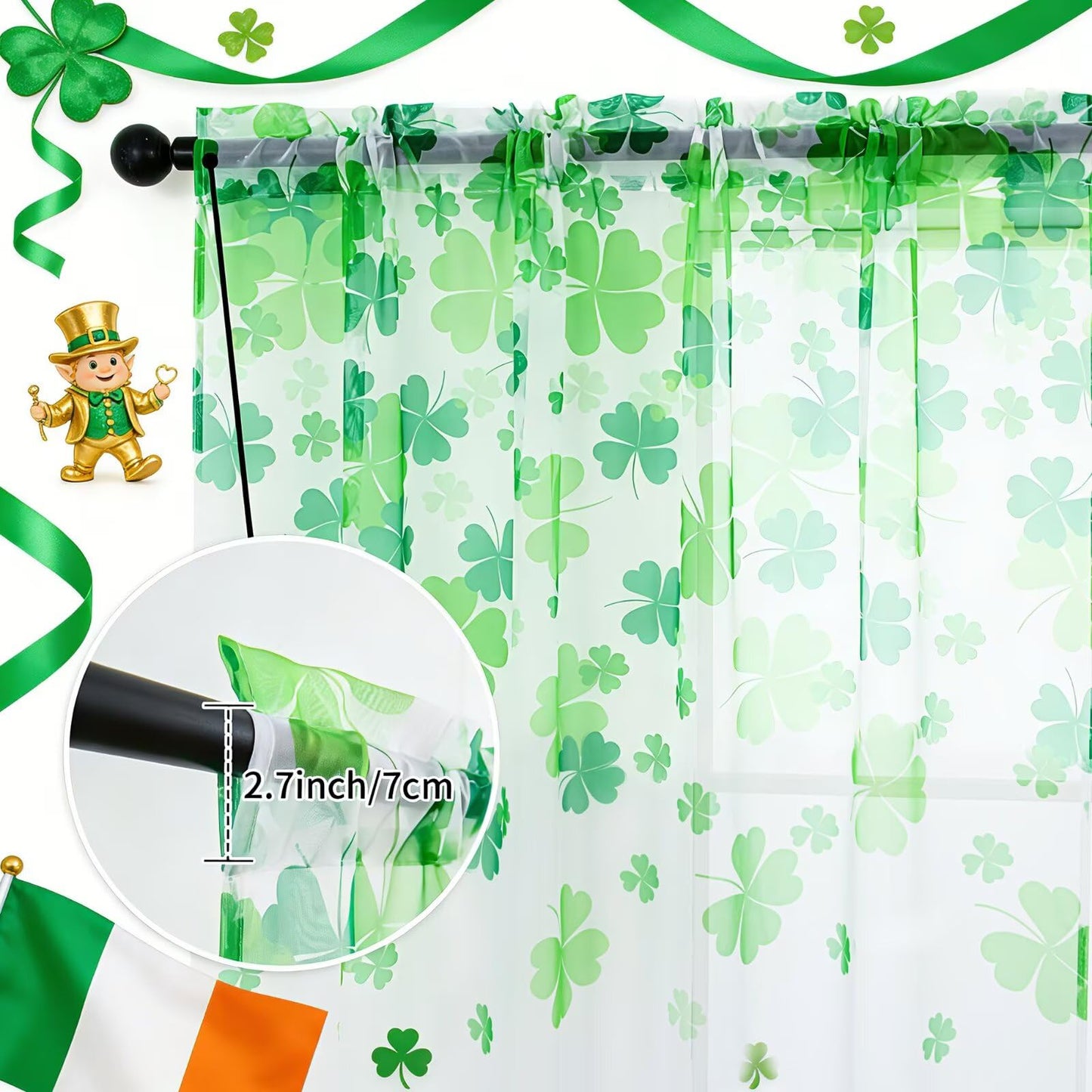 youleyar St. Patrick's Day Sheer Curtains 84 Inches Long, 2 Panels Shamrock Clover Printed Pattern Curtain, Rod Pocket Drapes for Bedroom and Home Decor, 52" W x 84" L