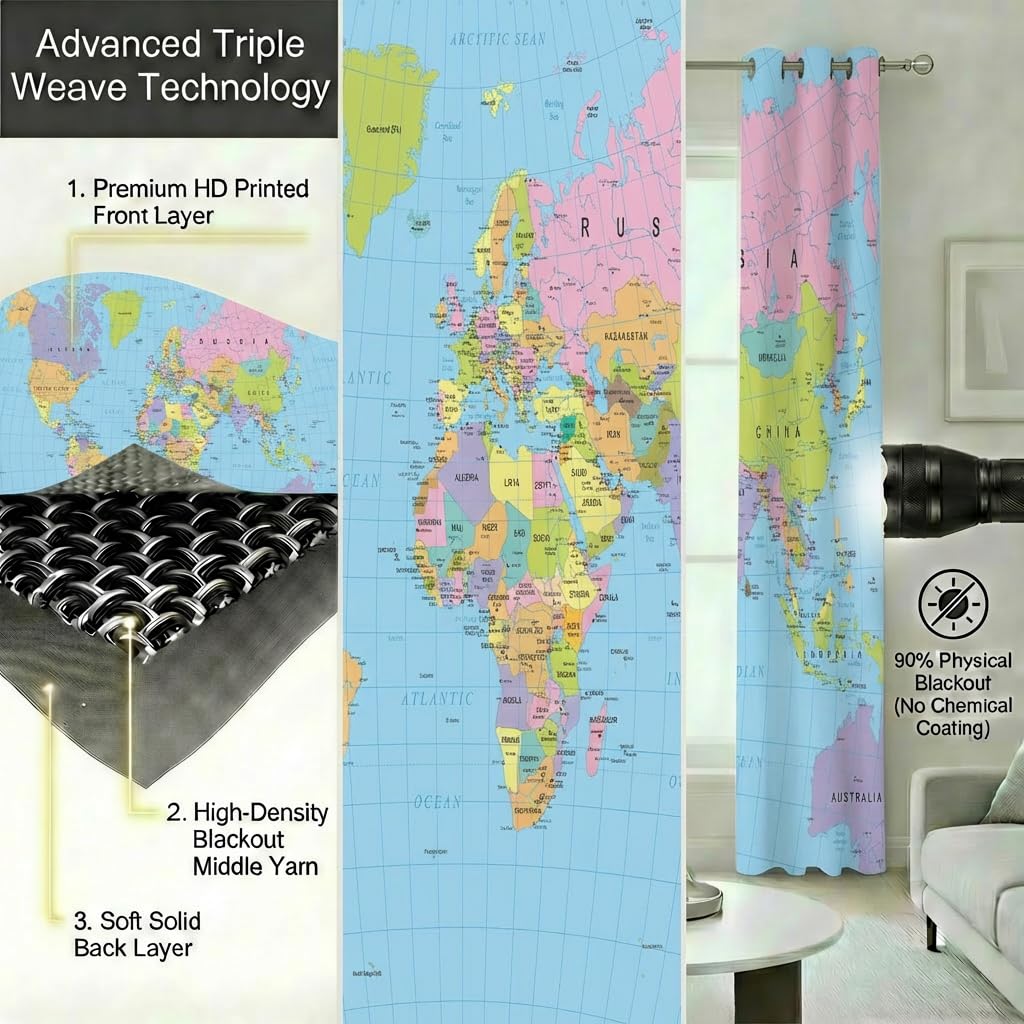 terxgrl World Map Blackout Curtains for Bedroom Living Room, Colorful Educational Geography Political Map Window Drapes for Youth Playroom Study Room, 42 x 45 Inch