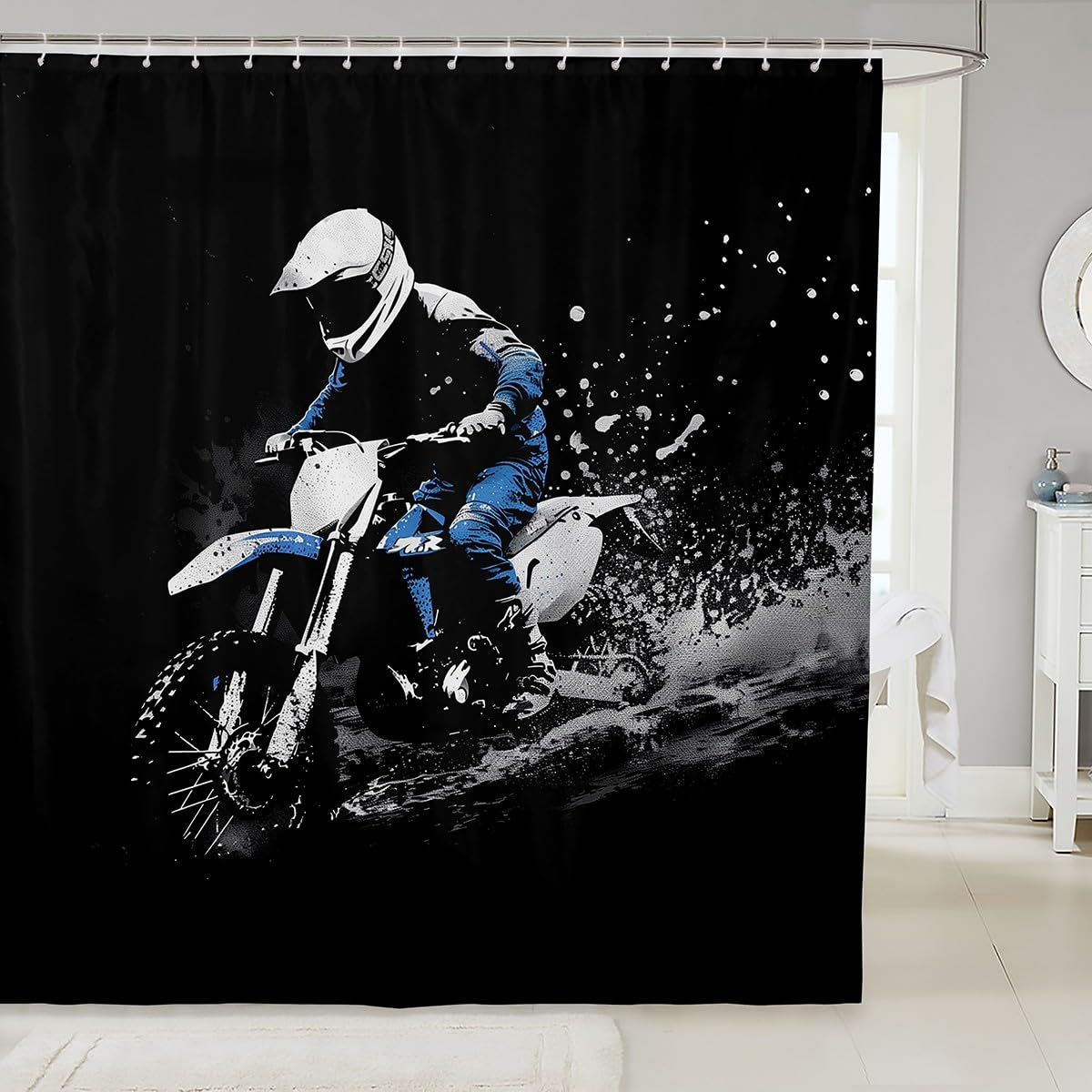 Feelyou Dirt Bike Shower Curtain 72"x84" Racing Themed Bath Curtain Waterproof Racing Motocross Rider Bathroom Shower Curtain Set for Kids Boys Girls Motorcycle Kids Bathroom Accessories Motorbike